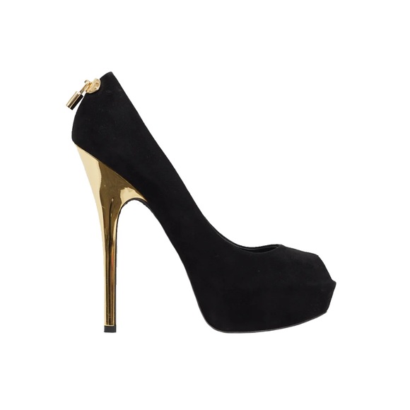 Authentic Louis Vuitton Black/Gold Suede Oh Really Peep Toe Platform Pumps Heels - Picture 3 of 11